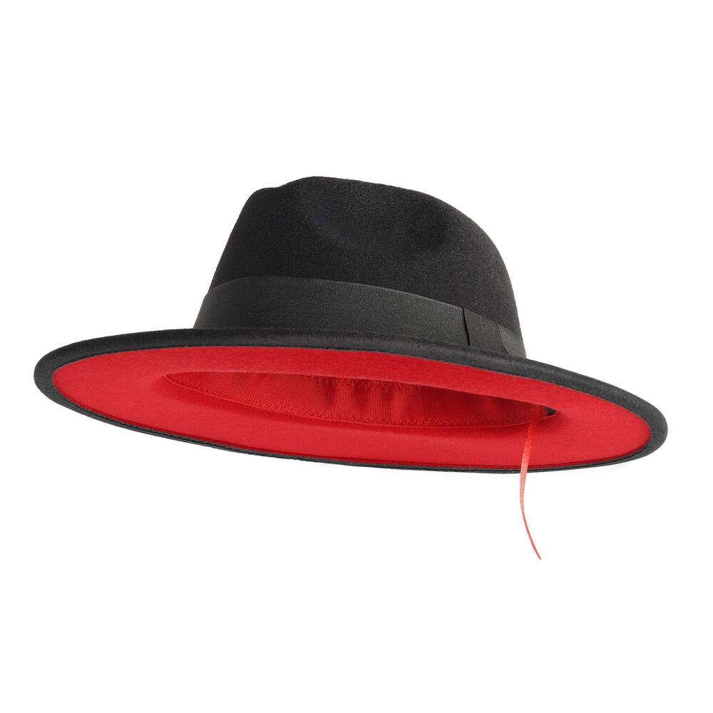 6763 & Wide Brim Wool Felt Fedora Hat with Belt Buckle Two Tone Patchwork